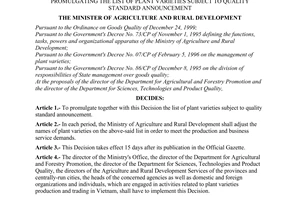 Decision No.54/2003/QD-BNN/KNKL of April 7, 2003 promulgating the list of plant varieties subject to quality standard announcement
