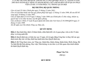 Quyết định 33/2003/QĐ-BQP khám chữa bệnh đối với sĩ quan phục viên có đủ 15 năm phục vụ trong quân đội
