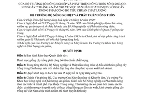 Quyết định 54/2003/QĐ-BNN Danh mục giống cây trồng phải công bố tiêu chuẩn chất lượng