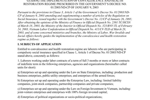 Circular No.08/2003/TT-BLDTBXH of April 8, 2003 guiding the implementation of convalescence and health restoration regime prescribed in The Governments Decree No. 01/2003/ND-CP of january 9, 2003
