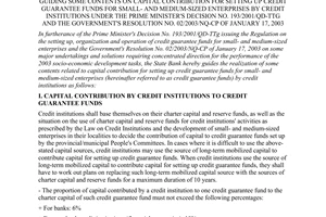 Circular No. 06/2003/TT-NHNN of April 10, 2003, guiding some contents on capital contribution for setting up credit guarantee funds for small- and medium-sized enterprises by credit institutions under the Prime Minister's Decision No. 193/2001/QD-TTg and the government's resolution no. 02/2003/NQ-CP of January 17, 2003