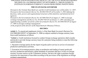 Decision No. 343/2003/QD-NHNN of April 10, 2003, amending and supplementing article 1 of the State Bank Governor's Decision No. 418/2000/QD-NHNN7 of September 21, 2000 on subjects entitled to foreign currency loans from credit institutions