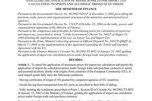 Decision No. 47/2003/QD-BTC of April 11, 2003, annulling the application of minimum prices for import tax calculation to spirits and alcoholic drinks of EU origin