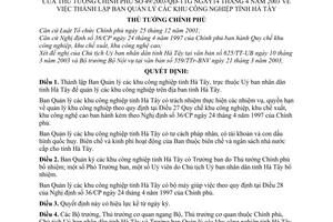 Quyết định 49/2003/QĐ-TTg  lập Ban quản lý khu công nghiệp tỉnh Hà Tây