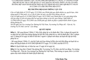 Quyết định 1040/2003/QĐ-BGTVT  bổ sung Quy chế quản lý sát hạch cấp Giấy phép lái xe cơ giới đường bộ Quyết định 4352/2001/QĐ-BGTVT