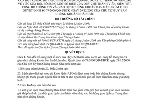 Quyết định 50/2003/QĐ-BTC sửa đổi Quy chế thành viên, niêm yết, công bố thông tin giao dịch chứng khoán  Quyết định 79/2000/QĐ-UBCK