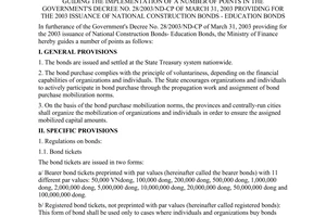 Circular No. 30/2003/TT-BTC of April 15, 2003, guiding the implementation of a number of points in the Government's Decree No. 28/2003/ND-CP of March 31, 2003 providing for the 2003 issuance of national construction bonds - education bonds