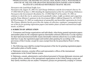 Circular No. 34/2003/TT-BTC of April 16, 2003, promulgating the regime of collection, remittance, management and use of the fee for granting registration papers and number plates of land-road motorized traffic means