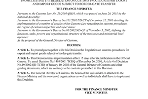 Decision No. 53/2003/QD-BTC of April 16, 2003 promulgating the regulation on customs procedures for export and import goods subject to border-gate transfer