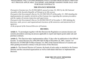 Decision No. 56/2003/QD-BTC of April 16, 2003, prescribing the customs dossiers and customs procedures-carrying out process applicable to export and import goods under sale and purchase contracts