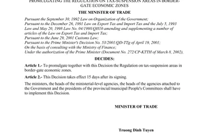 Decision No. 446/2003/QD-BTM of April 17, 2003, promulgating the regulation on tax-suspension areas in border-gate economic zones