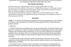 Decision No. 58/2003/QD-TTg of April 17, 2003, amending and supplementing the general planning on development of Vietnams brewing industry till 2010