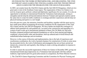 Directive No. 10/2003/CT-TTg of April 18, 2003, on enhancing the work of preparing for, and organizing, the 22nd southeast asian games (the 22nd Sea games) and the 2nd Southeast Asian games for the disabled (the 2nd Asean-Paragames)