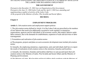 Decree No. 39/2003/ND-CP of April 18, 2003, detailing and guiding the implementation of a number of articles of the labor code regarding employment