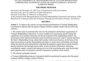 Decision No. 60/2003/QD-TTg of April 18, 2003, on the experimental transformation of Vietnam shipbuilding corporation to operate after the parent company-affiliate company model