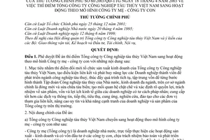 Quyết định 60/2003/QĐ-TTg  thí điểm Tổng công ty Công nghiệp tàu thuỷ Việt Nam sang hoạt động theo mô hình công ty mẹ -  con