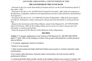 Decision No. 373/2003/QD-NHNN of April 22, 2003, on the amendment, supplement of several articles of the Decision No. 440/2001/QD-NHNN dated 17 April, 2001 on the lending to workers who go and work abroad for a certain period of time
