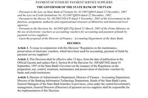 Decision No. 376/2003/QD-NHNN of April 22, 2003, on the issuance of the regulation on maintenance and preservation of electronic vouchers, which have been used for accounting and payment of funds by payment service suppliers