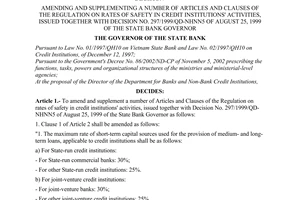 Decision No. 381/2003/QD-NHNN of April 23, 2003, amending and supplementing a number of articles and clauses of the regulation on rates of safety in credit institutions' activities, issued together with Decision No. 297/1999/QD-NHNN5 of August 25, 1999 of the State Bank Governor