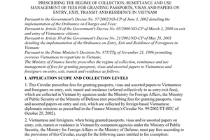 Circular No. 37/2003/TT-BTC of April 24, 2003, prescribing the regime of collection, remittance and use management of fees for granting passports, visas and papers on entry, exit, transit and residence in Vietnam