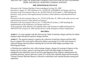 Decision No. 62/2003/QD-BTC of April 25, 2003, issuing the table of maritime charges and fees for inland transport ships and special maritime charges and fees