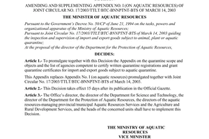 Decision No. 05/2003/QD-BTS of April 29, 2003, amending and supplementing appendix No. I (on aquatic resources) of Joint Circular No. 17/2003/TTLT/BTC-BNNPTNT-BTS of March 14, 2003