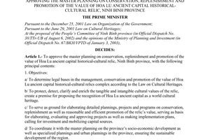 Decision No. 82/2003/QD-TTg of April 29, 2003, approving the master planning on conservation, replenishment and promotion of the value of Hoa Lu ancient capital historical-cultural relic, Ninh Binh province