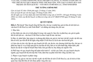 Quyết định 82/2003/QĐ-TTg Quy hoạch tổng thể bảo tồn tôn tạo khu di tích lịch sử - văn hoá Cố đô Hoa Lư  tỉnh Ninh Bình