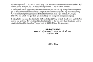 Công văn 1617/LĐTBXH-TL xếp lương công nhân ghi đồng hồ và thu tiền nước