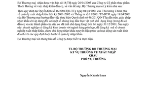 Công văn 1018/TM-XNK nhập khẩu Dầu cọ