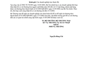 Công văn 1091/TM-XNK thời hạn nộp hồ sơ xét thưởng kim ngạch xuất khẩu năm 2002