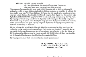 Công văn 1254/NG-LS thủ tục xuất nhập cảnh của người mang hộ chiếu ngoại giao và công vụ