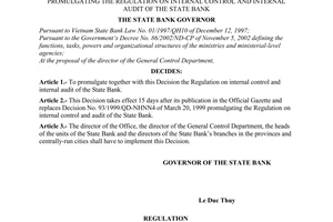 Decision No. 486/2003/QD-NHNN of May 19, 2003, promulgating the regulation on internal control and internal audit of the State bank