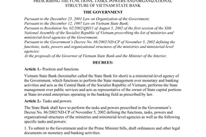Decree No. 52/2003/ND-CP of May 19, 2003, prescribing the functions, tasks, powers and organizational structure of Vietnam State Bank