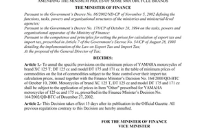 Decision No. 72/2003/QD-BTC of May 20, 2003, amending the minimum prices of some motorcycle brands