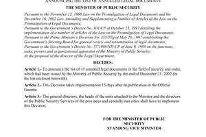 Decision No. 315/2003/QD-BCA(V19) of May 21, 2003, announcing the list of annulled legal documents