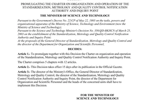 Decision No. 12/2003/QD-BKHCN of May 26, 2003, promulgating the charter on organization and operation of the standardization, metrology and quality control notification authority and inquiry point