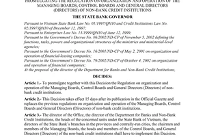 Decision No. 516/2003/QD-NHNN of May 26, 2003, promulgating the regulation on organization and operation of the managing boards, control boards and general directors (directors) of non-bank credit institutions