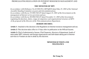 Decision No. 92/2003/QD-BBCVT of May 26, 2003, promulgating regulation on internet resources management and use