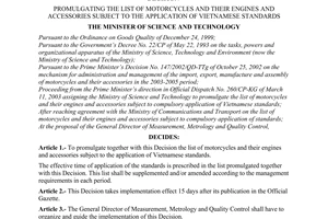 Decision No. 13/2003/QD-BKHCN of May 26, 2003, promulgating the list of motorcycles and their engines and accessories subject to the application of Vietnamese standards