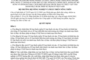 Quyết định 63/2003/QĐ-BNN đăng ký chính thức bổ sung đặc cách thuốc bảo vệ thực vật vào danh mục được phép sử dụng ở Việt Nam