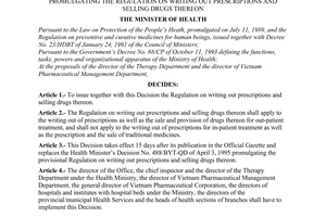 Decision No. 1847/2003/QD-BYT of May 28, 2003, promulgating the regulation on writing out prescriptions and selling drugs thereon