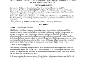 Decree No. 55/2003/ND-CP of May 28, 2003, defining the functions, tasks, powers and organizational structure of the Ministry of Industry