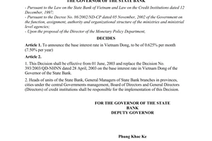 Decision No. 544/2003/QD-NHNN of May 29, 2003, on the base interest rate in Vietnam dong
