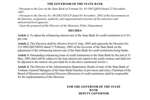 Decision No. 545/2003/QD-NHNN of May 29, 2003, on the adjustment of the refinancing interest rate of the State Bank for credit institutions being banks