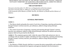 Decree No. 58/2003/ND-CP of May 29, 2003, prescribing the control of the import, export and transit through Vietnams territory of narcotics, pre-substances, addictive drugs and psychotropic medicines