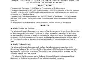 Decree No. 43/2003/ND-CP of May 2, 2003, defining the functions, tasks, powers and organizational structure of the Ministry of aquatic resources