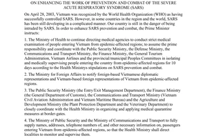 Dirrective No. 11/2003/CT-TTg of May 6, 2003, on enhancing the work of prevention and combat of the severe acute respiratory syndrome (SARS)