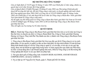 Quyết định 74/2003/QĐ-BCN lập Tổng công ty Bia-Rượu-Nước giải khát Sài Gòn