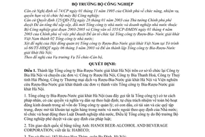Quyết định 75/2003/QĐ-BCN  lập Tổng công ty Bia-Rượu-Nước giải khát Hà Nội